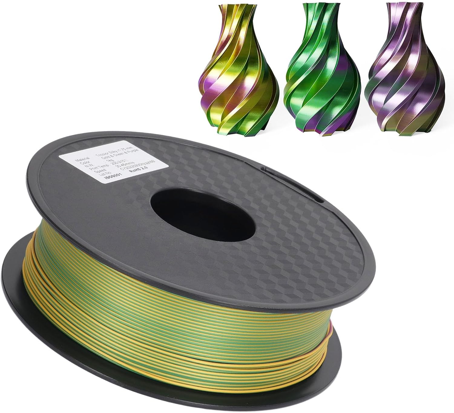 PLA Tricolor Filament 1.75mm 3-Pack Gold & Green Silk 3D Printer Filament 200-215°C Printing Temperature