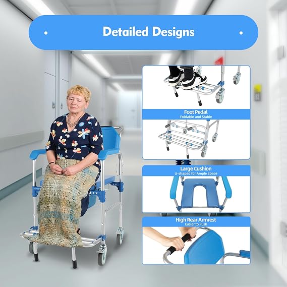 Foldable Shower Wheelchair, Elderly Potty Transport Chair, Mobility Elder Potty Chair Waterproof Commode Shower Toilet Transport Wheelchair with Height Adjustable, Flip Up Footrests, Max Load 350lbs