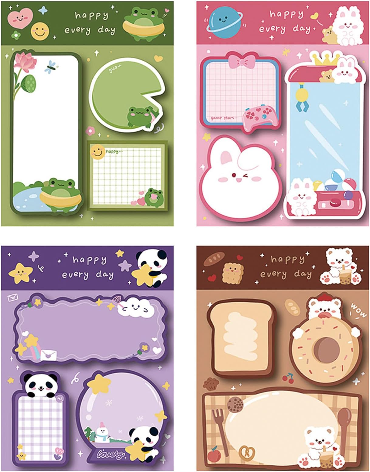 MOZXIRZ 4 Pack Cute Sticky Notes Cartoon Animal Sticky Memo Pads Kawaii Small Self-Stick Memo Note Pad Office School Supplies (Cartoon-1)