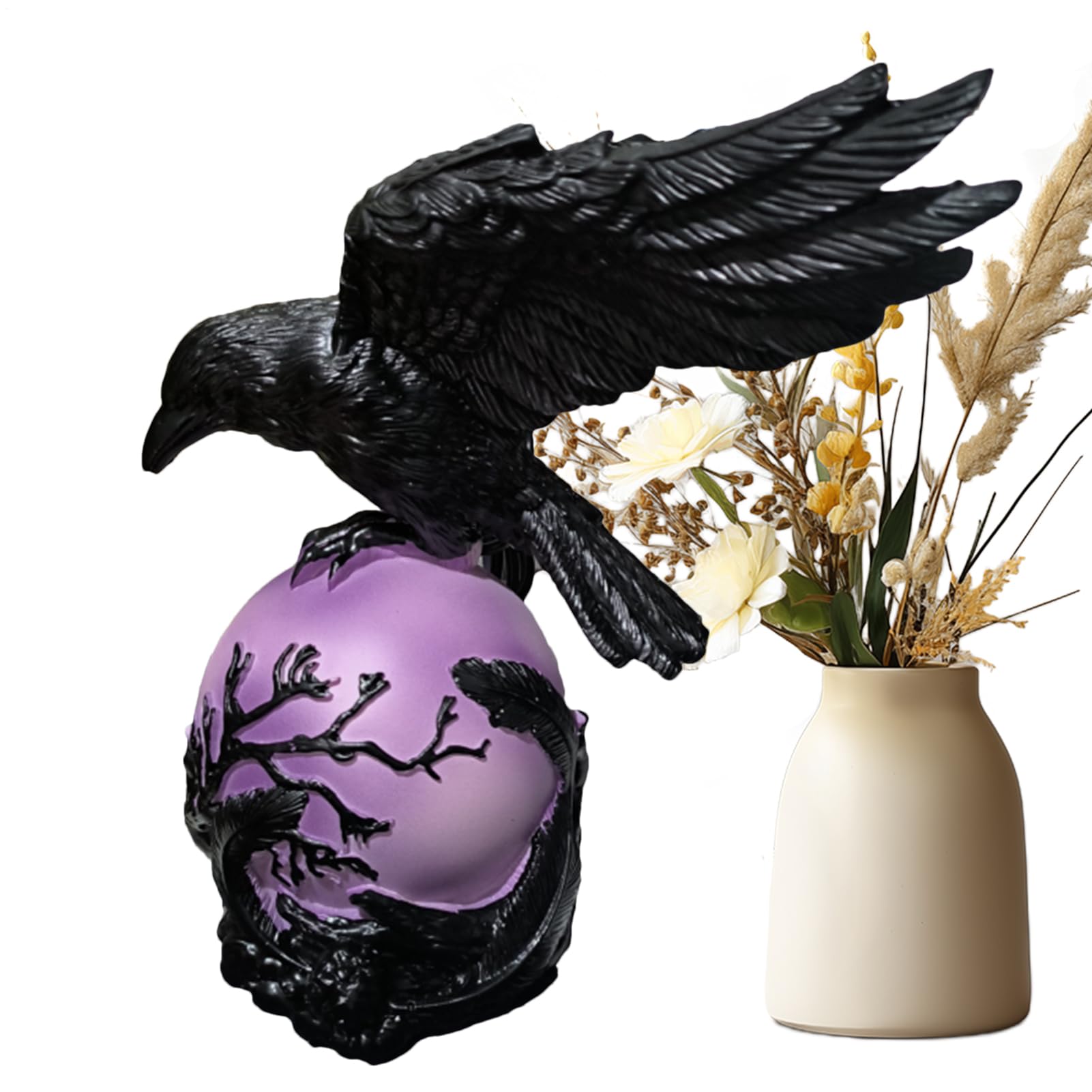 Artystyczna lampka nocna Raven, fioletowa LED, 15 x 18 cm, biurkowa ze świecącą kulą, solidna biurkowa ABS, akcesoria oświetleniowe z mistycznym wzorem, lampy otoczenia do sypialni i