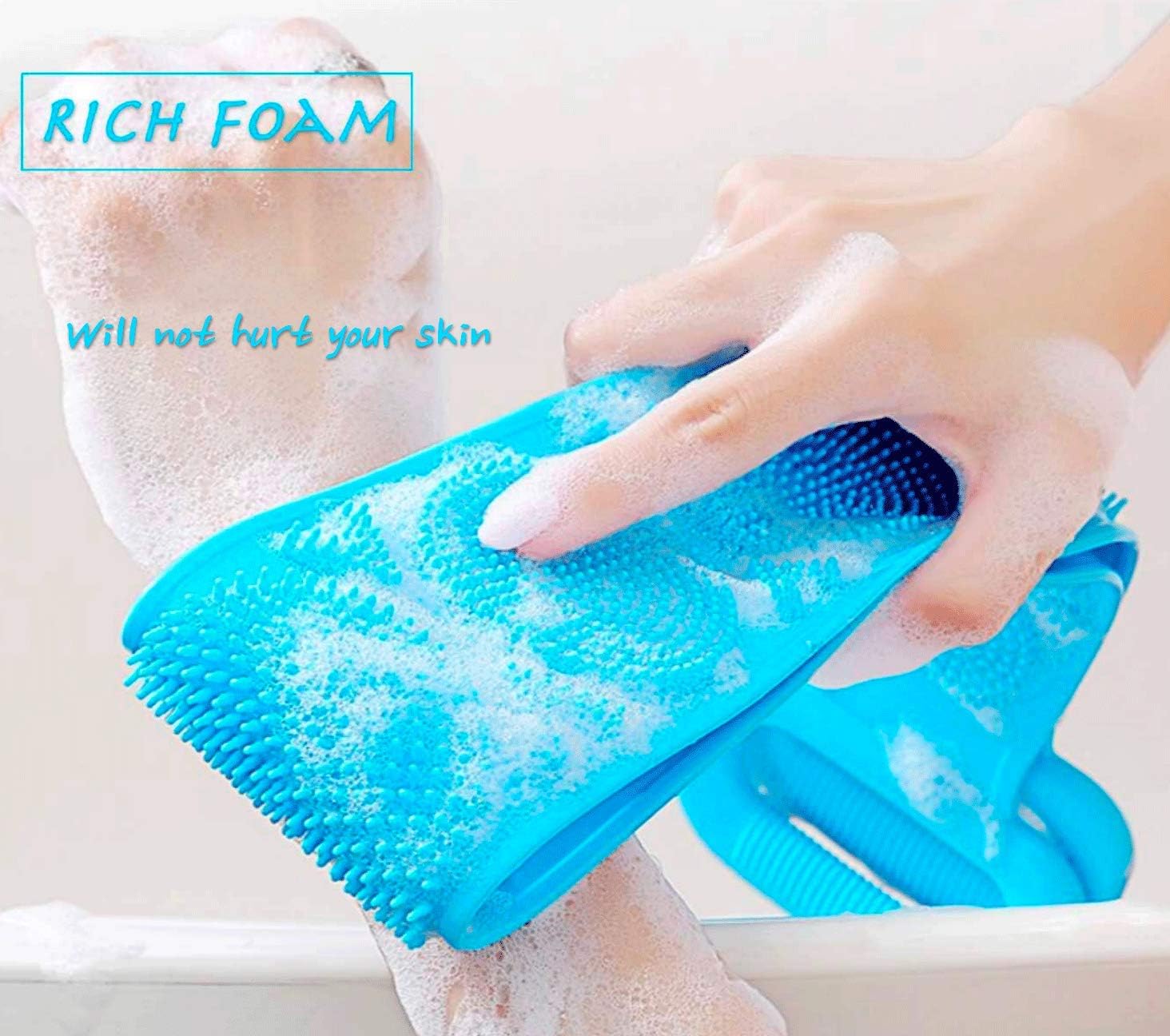 Dual Side Back Scrubber for Shower Silicone Bath Body Brush Body Wash Easy to Handle & Wash,Skin Friendly, Back Washer (Blue)