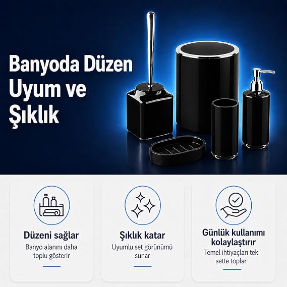 5li Banyo Seti, Beş Parça Düzenleyici, 5 Litre Çöp Kovası, Tuvalet Fırçası, Sıvı ve Katı Sabunluk, Diş Fırça ve Macunu Kutusu (Siyah)