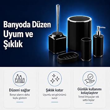 5li Banyo Seti, Beş Parça Düzenleyici, 5 Litre Çöp Kovası, Tuvalet Fırçası, Sıvı ve Katı Sabunluk, Diş Fırça ve Macunu Kutusu (Siyah)