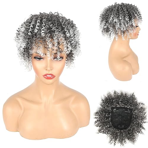 Miniatura 8 de Extensiones de cabello rizado afro para mujer, color marrón degradado, extensiones de cabello sintético con clip, extensiones de cabello corto y