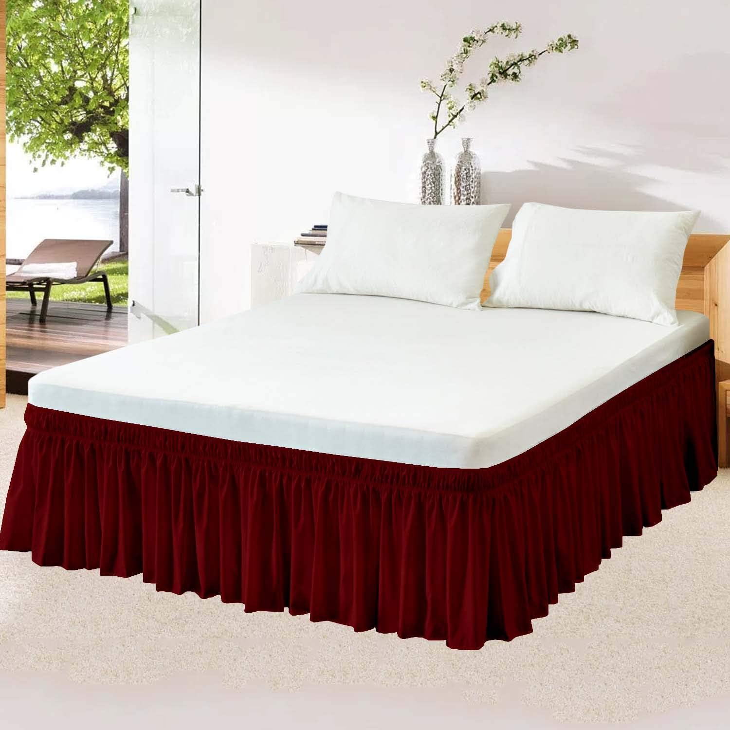 Wrap Around Bed Skirt- 18 Inch Drop Length Style Easy Fit Elastic Bed Ruffles Bed-Skirt Wrinkle Free Bed Skirt - Burgundy, Twin in All Bed Sizes and Colors