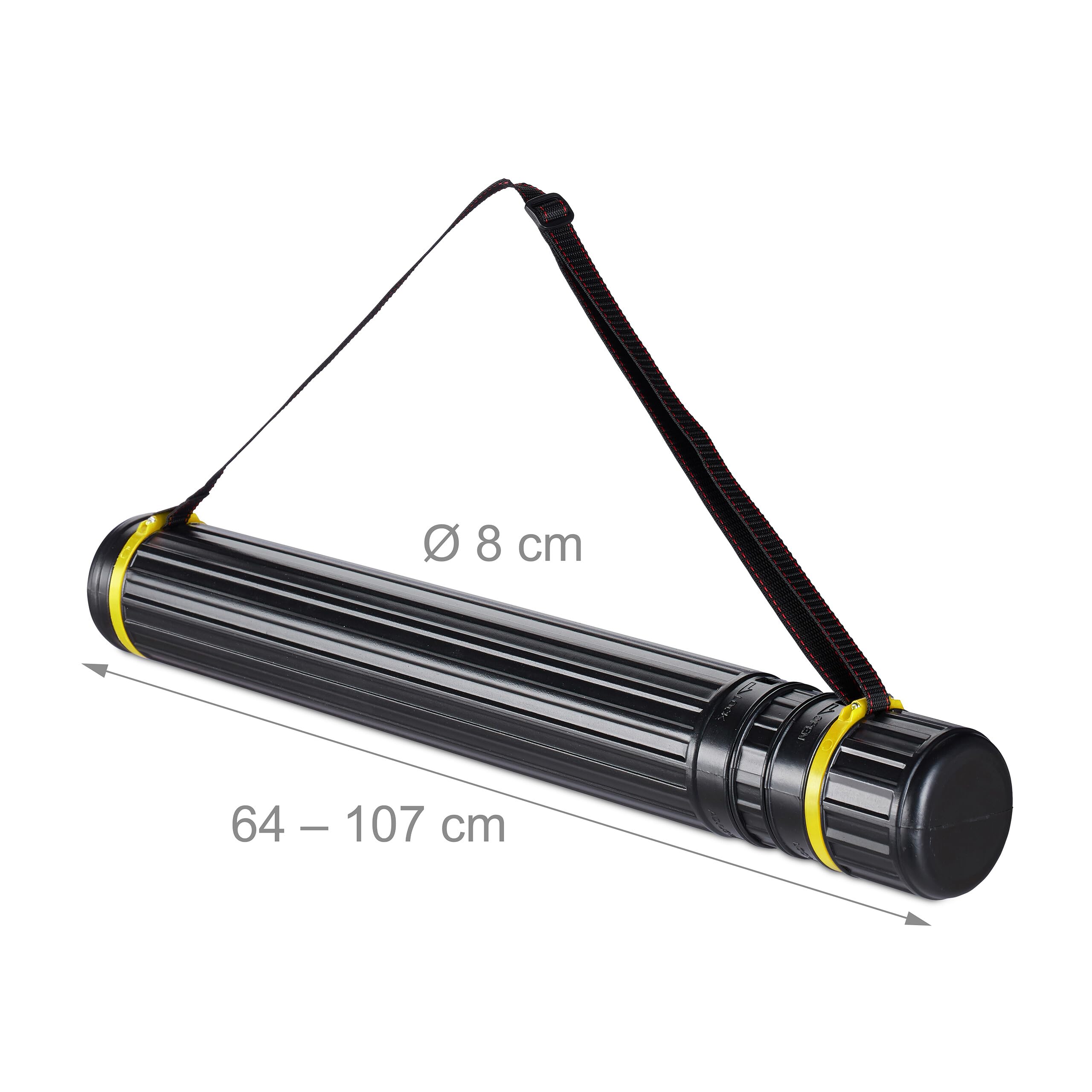 Relaxdays Tubo Portadisegni, Formato Max. A0, Cintura Regolabile, Tappo a Vite, Altezza 64-107 cm, Plastica, Nero Giallo