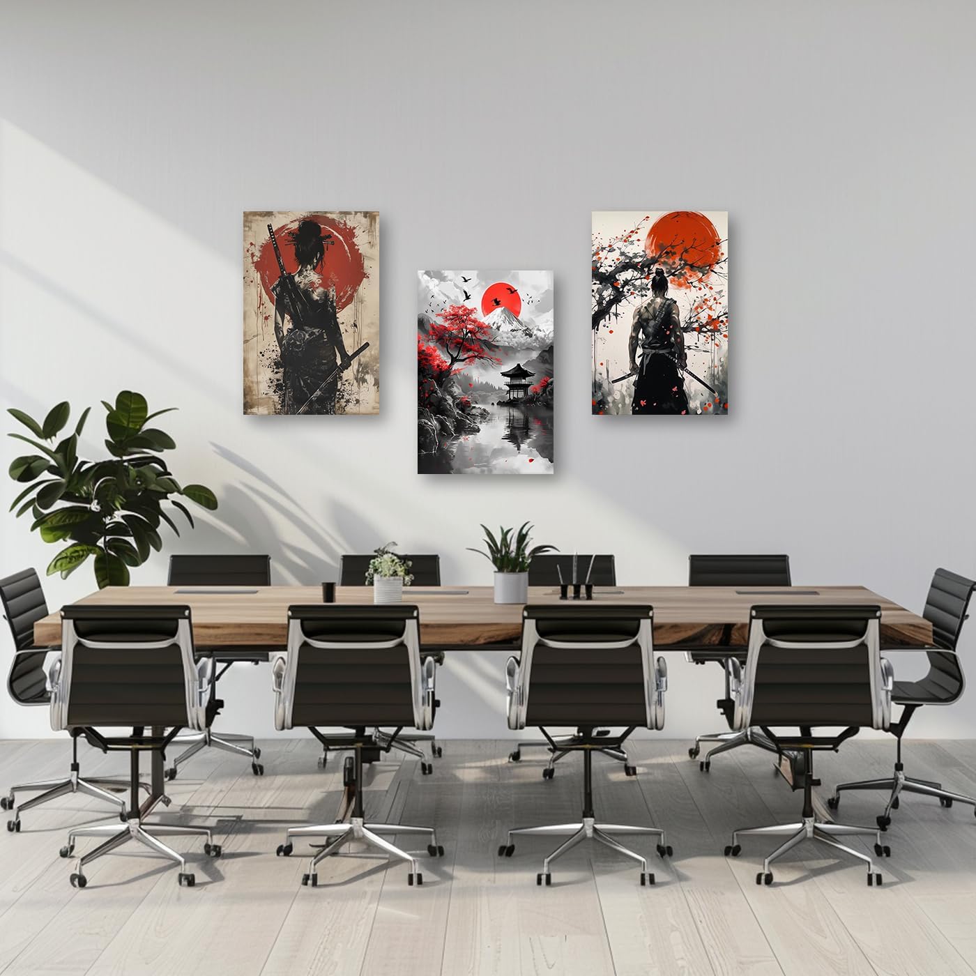 PBXBJY 3 Pieces Samurai Canvas Wall Art Japan Samurai and Full Moon Pictures Japanese Theme Painting Print Bushido Posters Decor Frame (16x24inchx3Pcs)