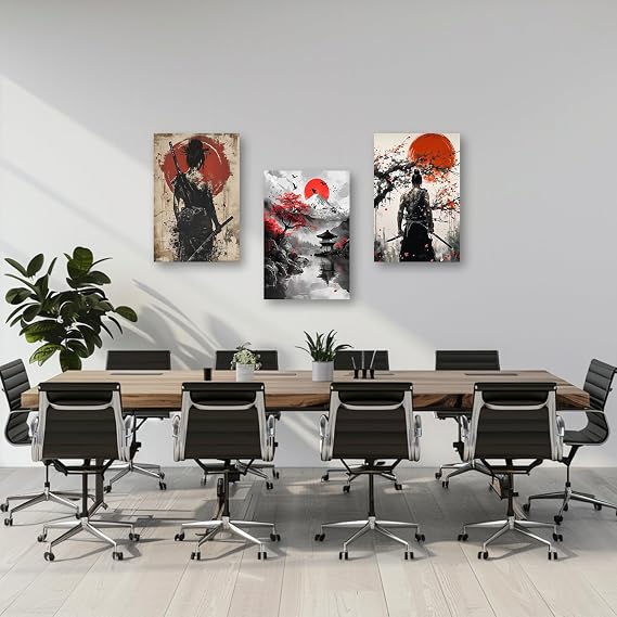 PBXBJY 3 Pieces Samurai Canvas Wall Art Japan Samurai  Moon Pictures Japanese Theme Painting Print Bushido Posters Decor Frame (12x16inchx3Pcs)