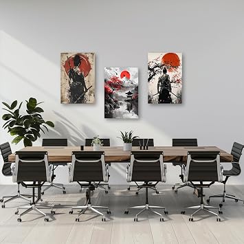 PBXBJY 3 Pieces Samurai Canvas Wall Art Japan Samurai Moon Pictures Japanese Theme Painting Print Bushido Posters Decor Frame (12x16inchx3Pcs)