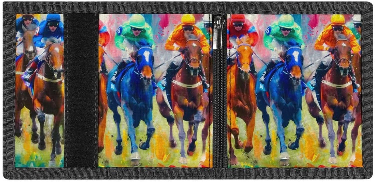 Colorful Horse Racing Trifold Slim Wallet Front Pocket With Money Clip And ID Credit Card Slots For Travel Work