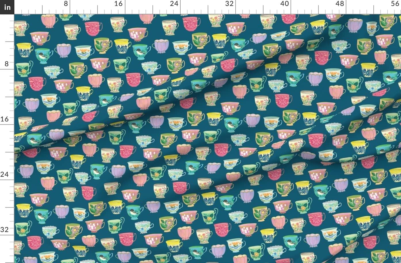 Spoonflower Fabric - Vintage Tea Blue Coffee Pastel French Teacup Printed on Organic Cotton Sateen Fabric by The Yard - Sewing Quilting Apparel Home Decor