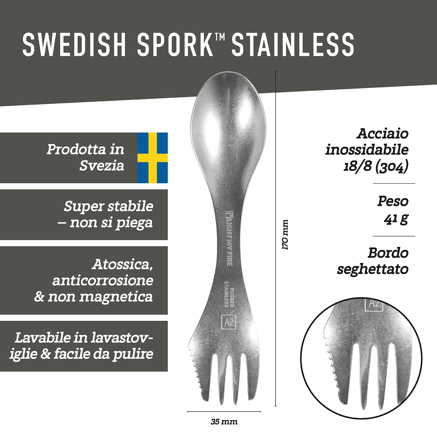 Light My Fire Sporks - Set di posate da campeggio 3 in 1 in acciaio inox grado 304, infrangibili, coltello, forchetta, cucchiaio, set di posate da viaggio, accessori da campeggio, attrezzatura di