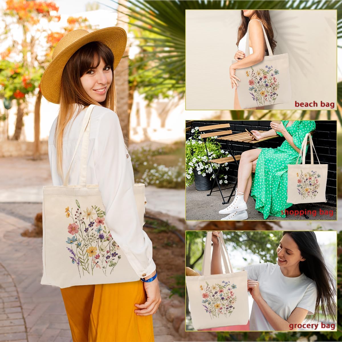 Aesthetic Floral Canvas Tote Bag for Women with Pocket, Tote Bags for Grocery Shopping Travel Christmas Birthday - Image 6