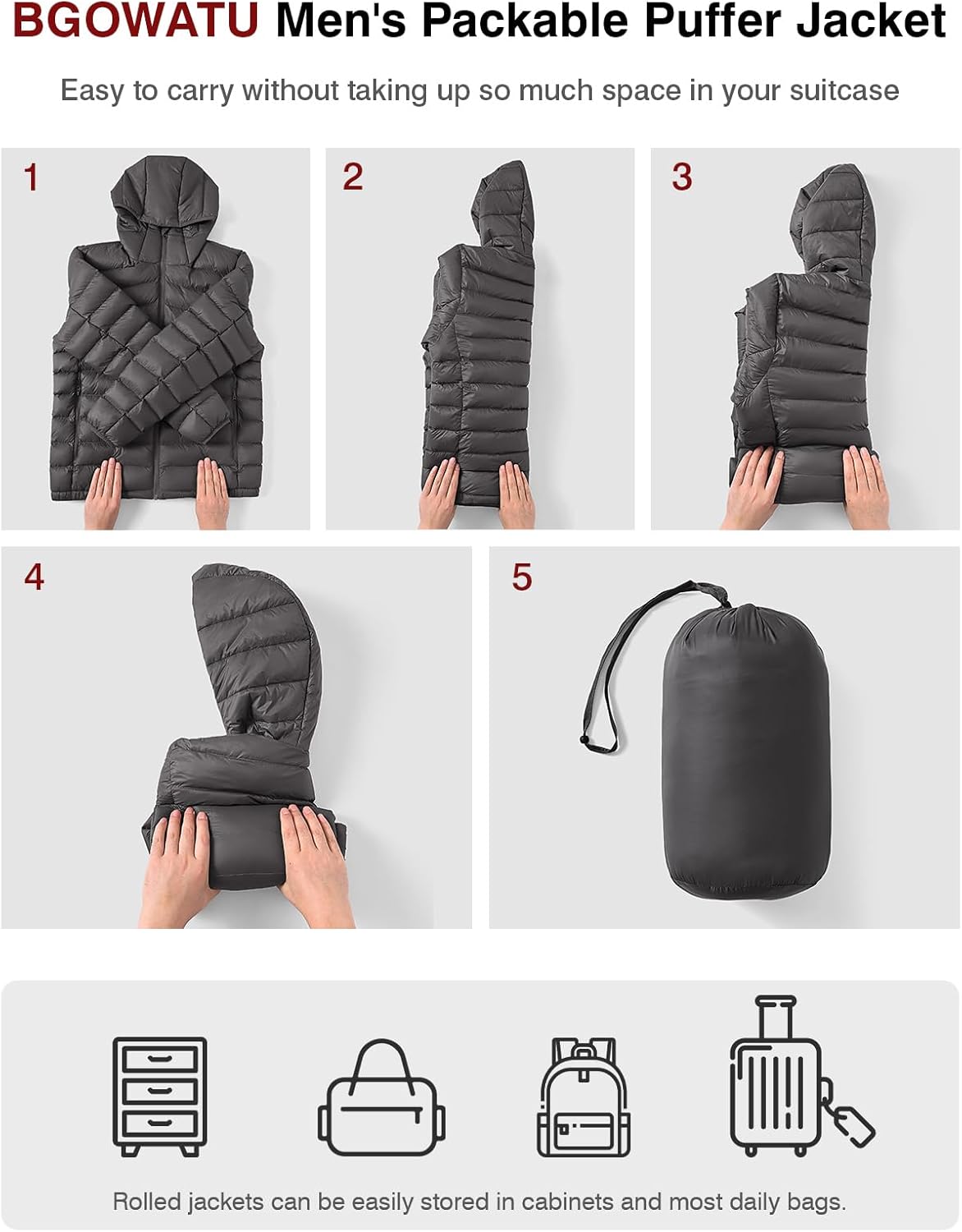 BGOWATU Men's Puffer Jacket with Hood Packable Lightweight Water-Resistant Outdoor Winter Coat for Snow Ski Travel - Image 6