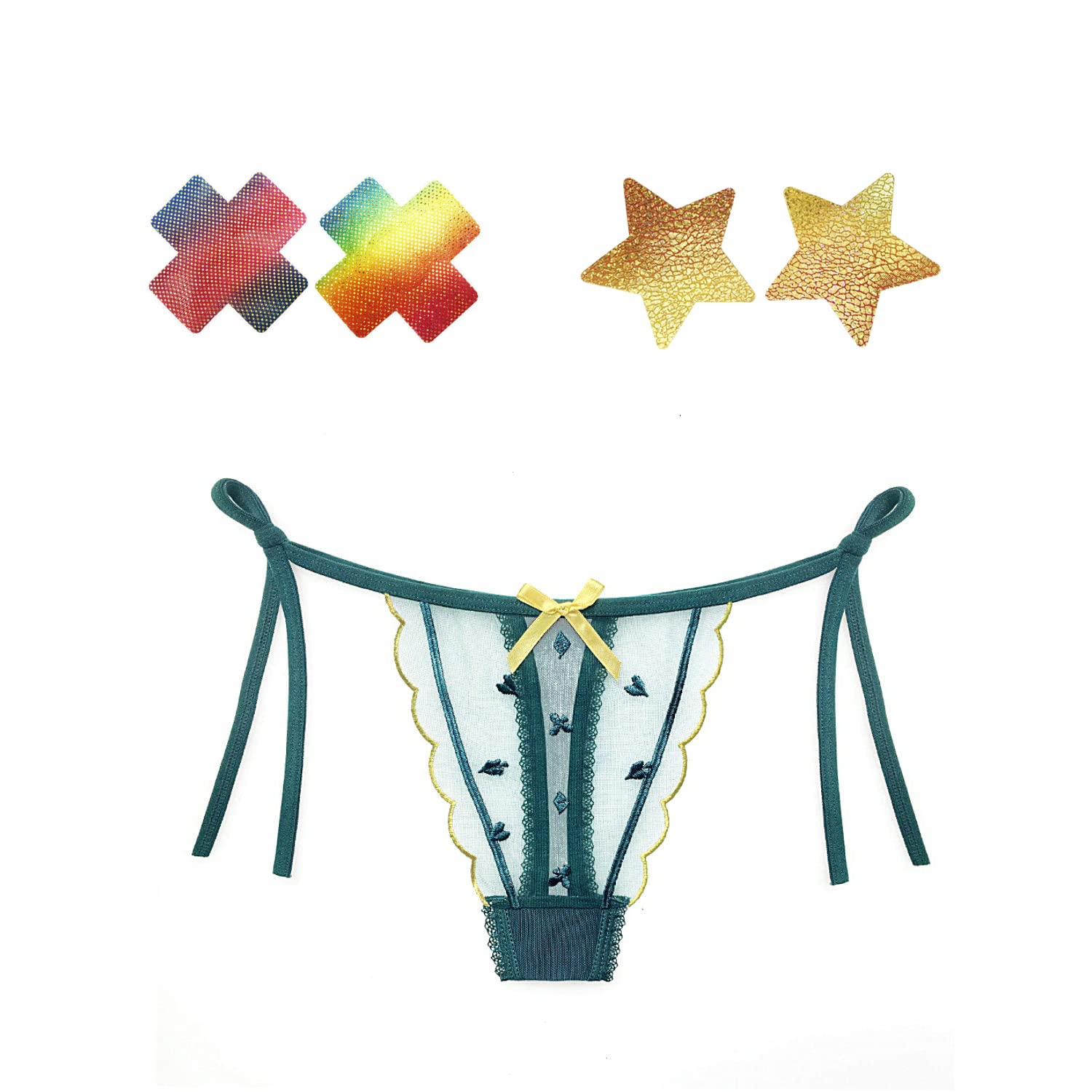 Celamirio Women's Low Rise Side Tie Satin Thong Panties, 1 Thong + 2 Pairs Disposable Pasties, L