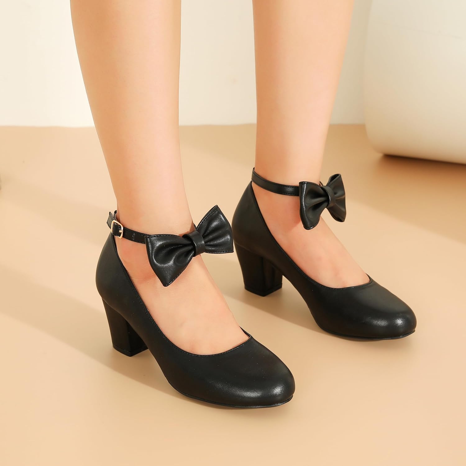Women's Ankle Strap Pumps, Block Heel, Removable Bow, Closed Round Toe - Image 3