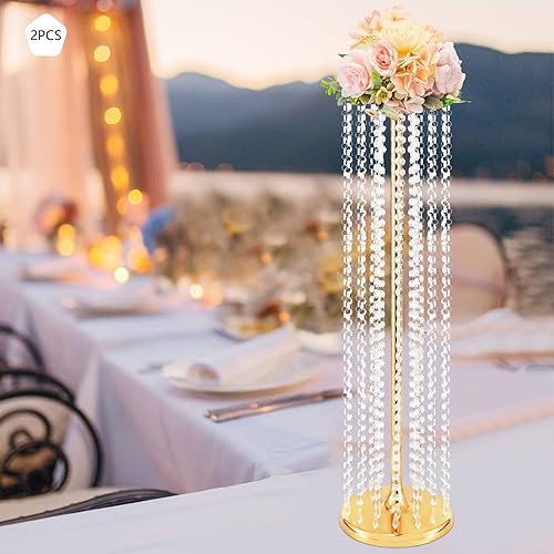Miniatura 8 de 2 piezas de centro de mesa de boda dorado de 354 pulgadas de alto jarrones de flores de cristal dorado soporte de flores de metal elegante