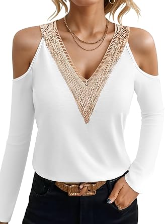 Womens Cold Shoulder Tunic Tops, Lace Trim V Neck Blouse Sexy Hollow Long Sleeve Shirts Trendy Dressy Casual