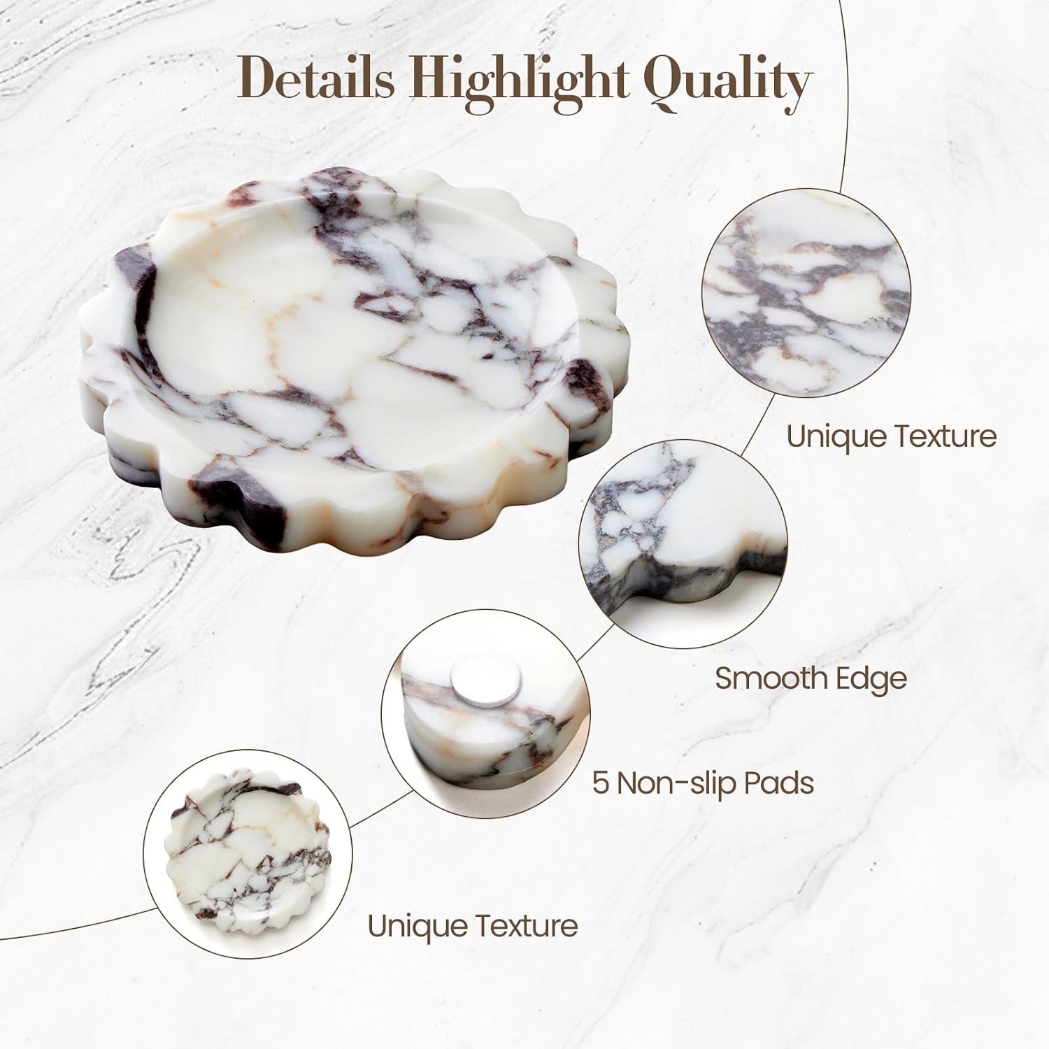 SAMAH Calacatta Viola Natural Marble Tray, Scalloped Bathroom Tray, Luxury Decorative Trays for Bathroom, Vanity, Dresser, Kitchen & Home Decor, Valentine's Day House Warming Gifts New Home(Round)