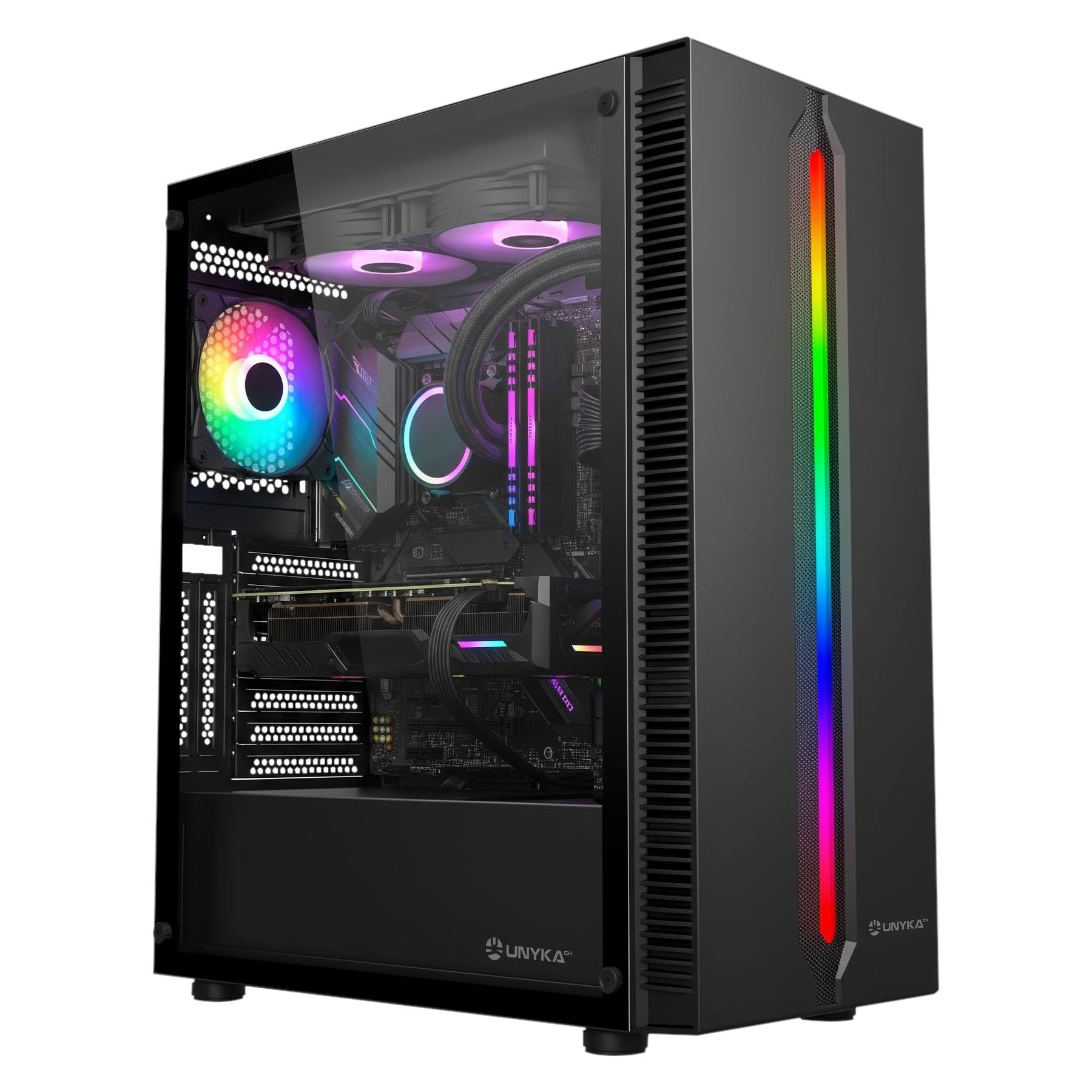 UNYKAch Boîtier de Gaming ATX Armor Lumina Noir avec façade avec Bande LED ARGB, grilles Verticales de Refroidissement, Panneau latéral en Verre trempé et Ventilateur ARGB de 120 mm