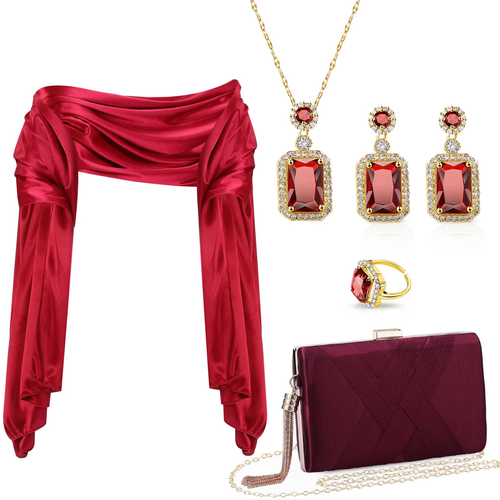 Jadive Juego de 5 piezas de joyería de satén para mujer, vestidos de noche, bolso de graduación, bufanda, aretes, collar, anillo para boda, novia, noche, fiesta, accesorios vintage para banquetes