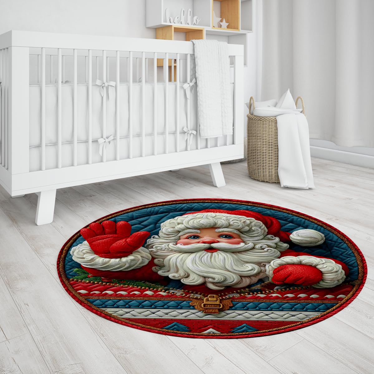 Okrągły dywan bożonarodzeniowy, 200 cm, miękki, nadaje się do prania, Jolly Santa Claus, do sypialni, kolorowy, festiwalowy, do jadalni, na Boże Narodzenie, do salonu, biura, pokoju dziecięcego