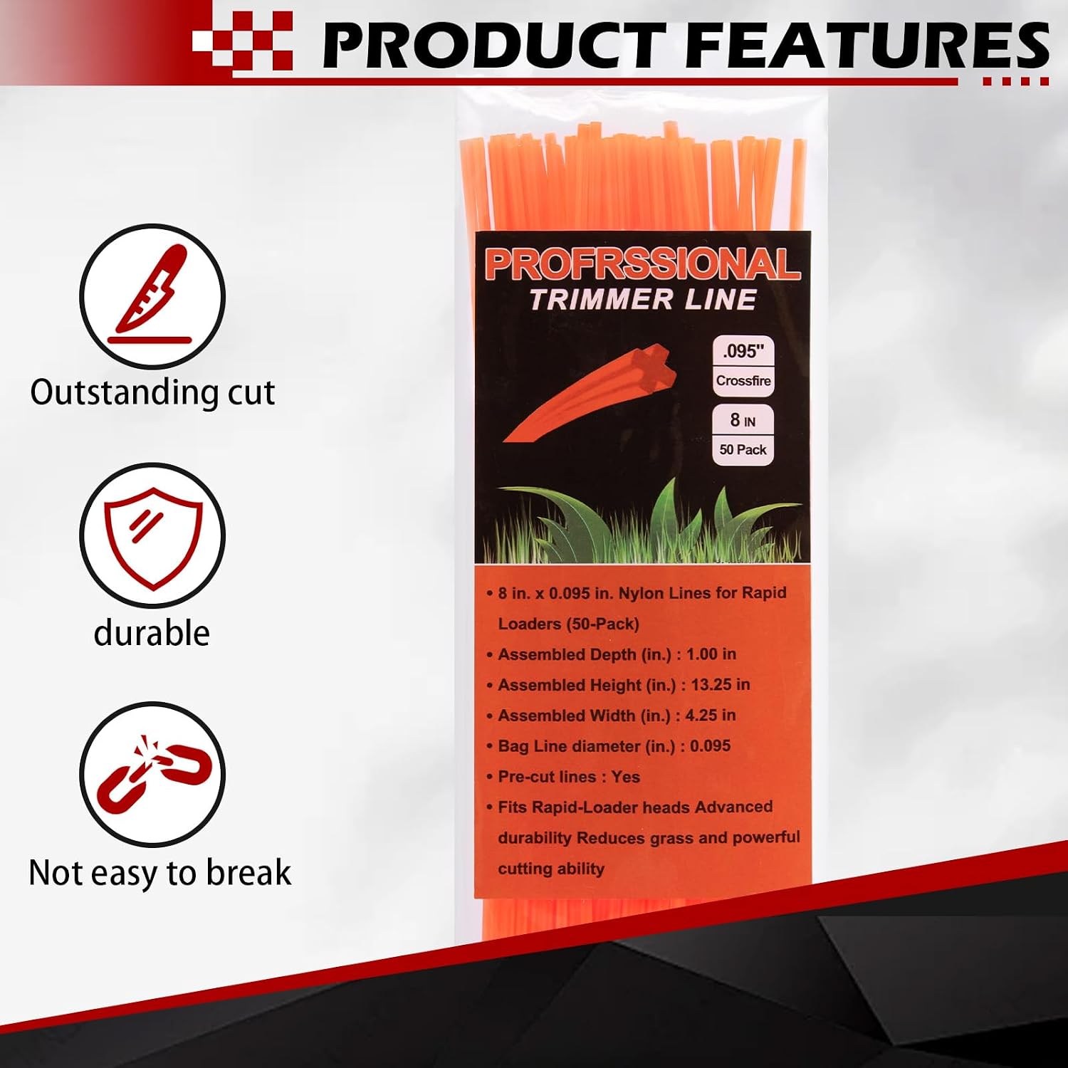 Professional Trimmer Line, 102222130 50-8" .130 Crossfire LINE 8-Inch Nylon Lines, 0.095-Inch Diameter, 50-Pack, Orange