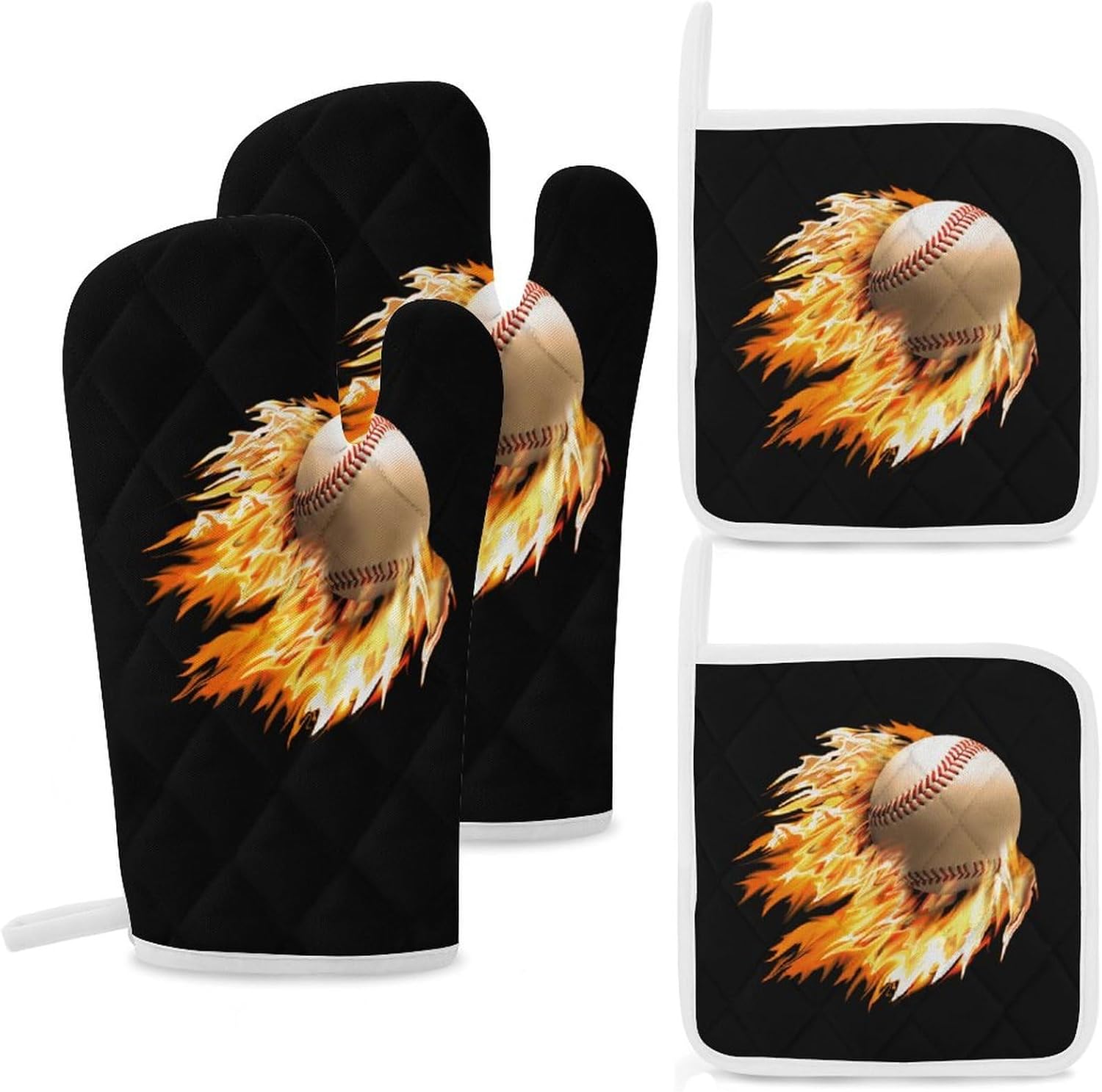 Baseball on Fire Oven Mitts and Pot Holders 4Pcs Set Heat Resistant Cooking Mitts Hot Pads