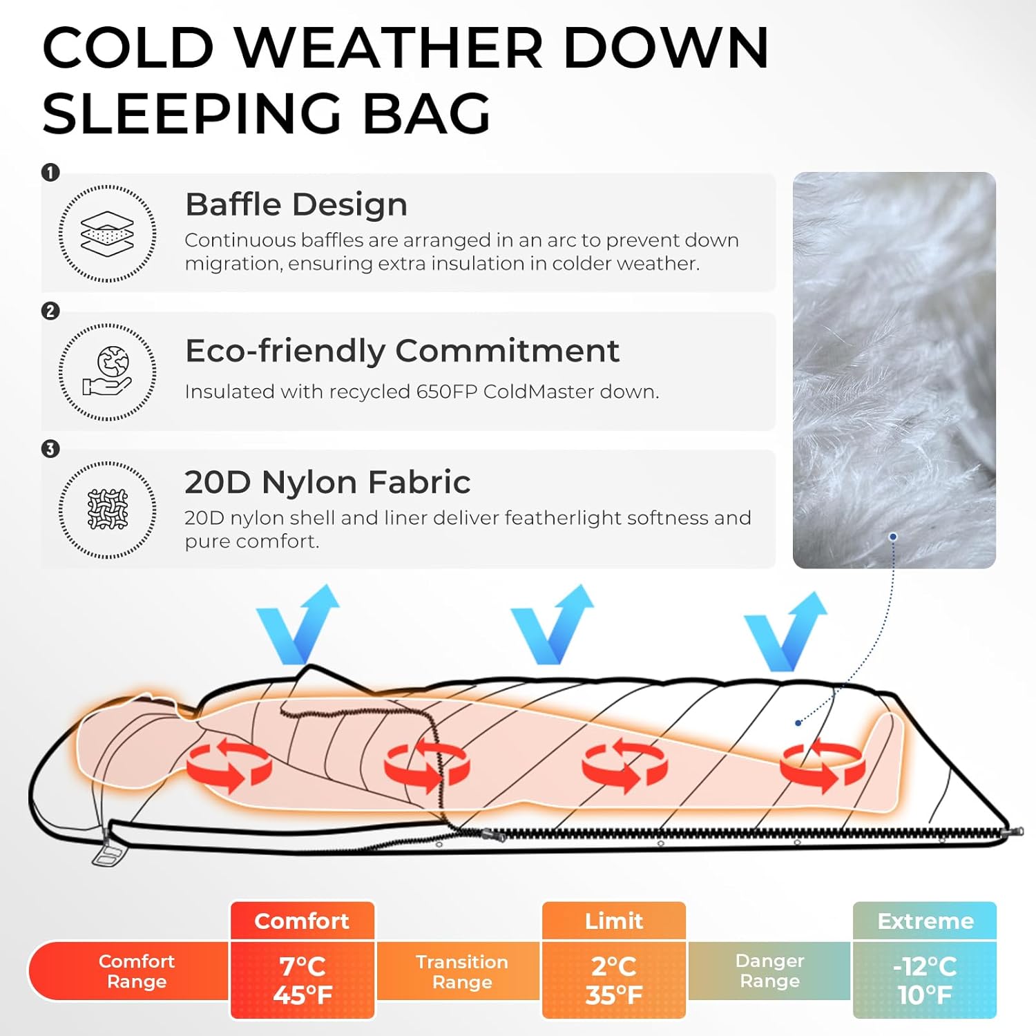 ATEPA 3-in-1 Hybrid Down Sleeping Bag, Lightweight 3 Season Backpacking Sleeping Bag with Pad Attachment System & Compression Sack for Spring Summer Fall Car Camping Hiking 30°F 45°F