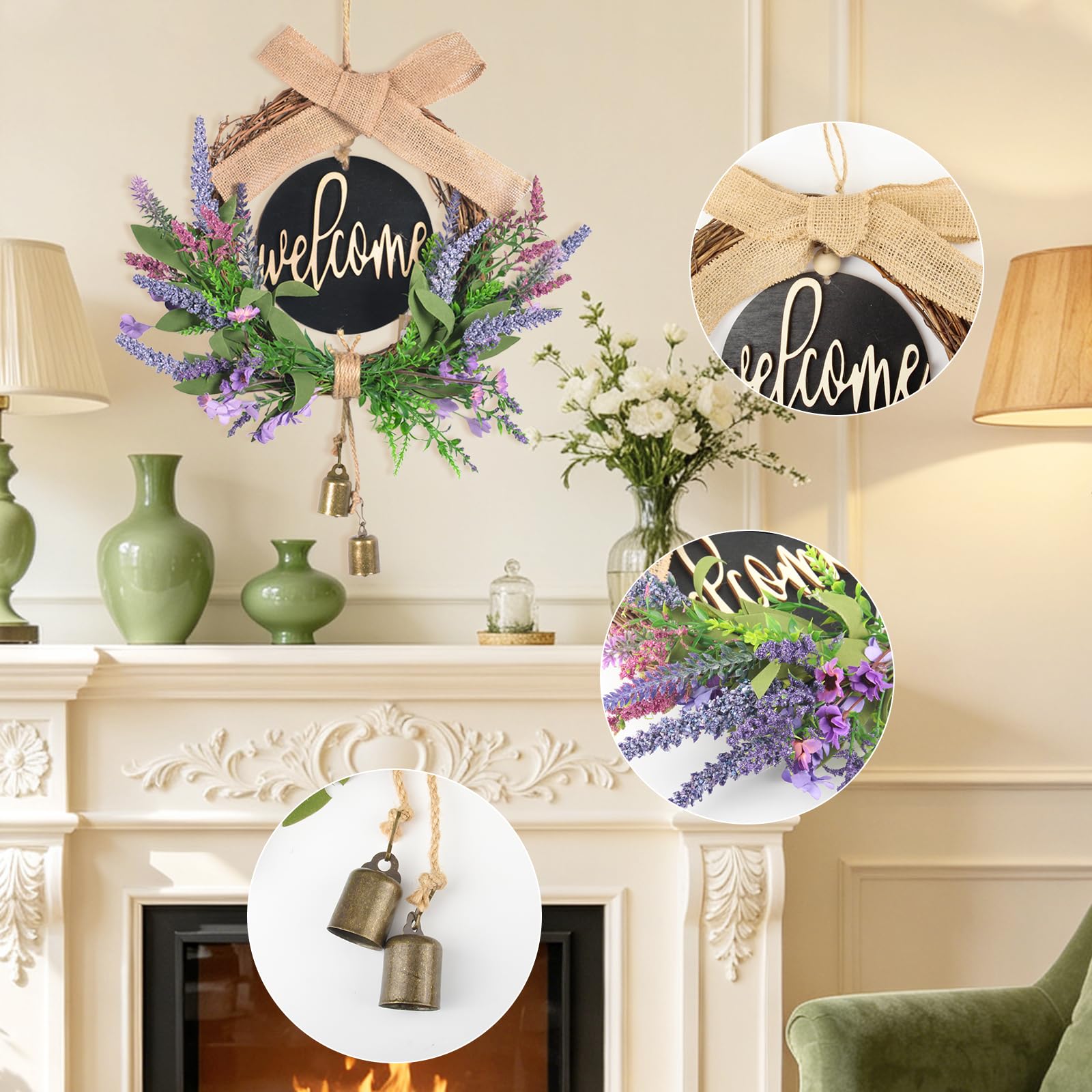 Couronne de Porte Printemps Lavande Artificielle Couronne Porte D'entrée avec Panneau de Journal Welcome, Arcs et Cloches 40cm Décorations de Portes Été pour Portes Fenêtres Clôtures