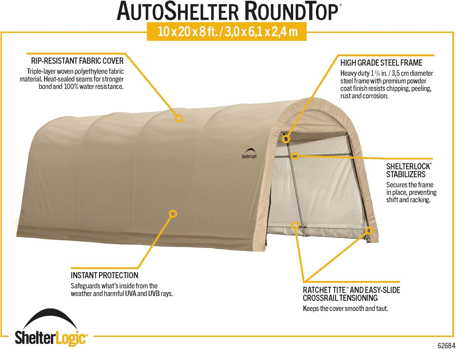 ShelterLogic 10' x 20' x 8' All-Steel Metal Frame Round Style Roof Instant Garage and AutoShelter with Waterproof and UV-Treated Ripstop Cover