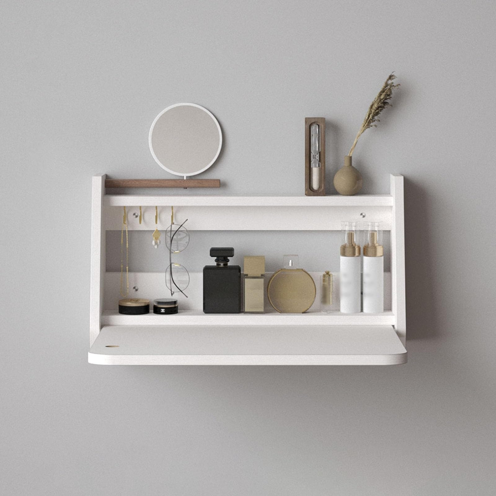 asdchZen Wall-Mounted Makeup Vanity Table With Mirror, Stylish Wood Dressing Table For Bedroom & Living Room, Compact Makeup Station Set For Women & Girls, Space-Saving Beauty Org,White-60x30x37cm