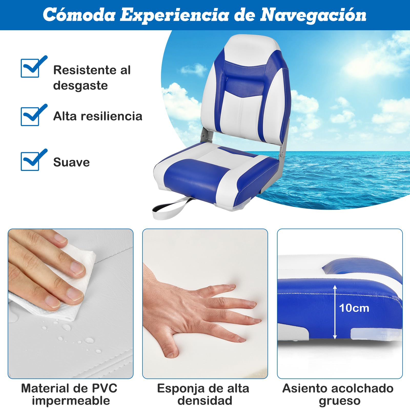 COSTWAY Asiento de Barco Plegable con Respaldo Alto, Asientos Barco con Cojín Acolchado Suave, Asiento de Capitán Plegable, 42 x 50 x 51 cm (azul, 1)