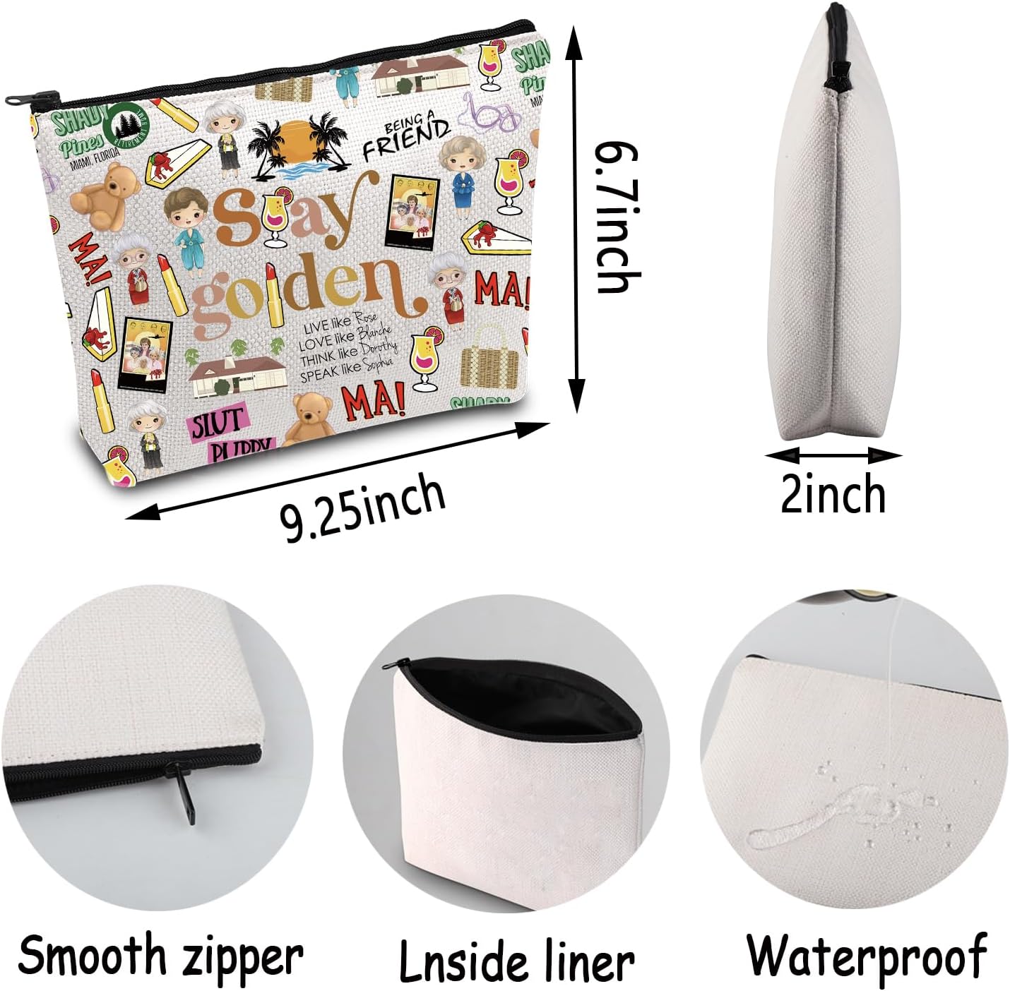 ENSIANTH Movie Makeup Bag Golden Dorothy Sophia Blanche Rose Fans- Zipper Travel Bag Friendship Zipper Travel Bag (Golden MU) - Image 2