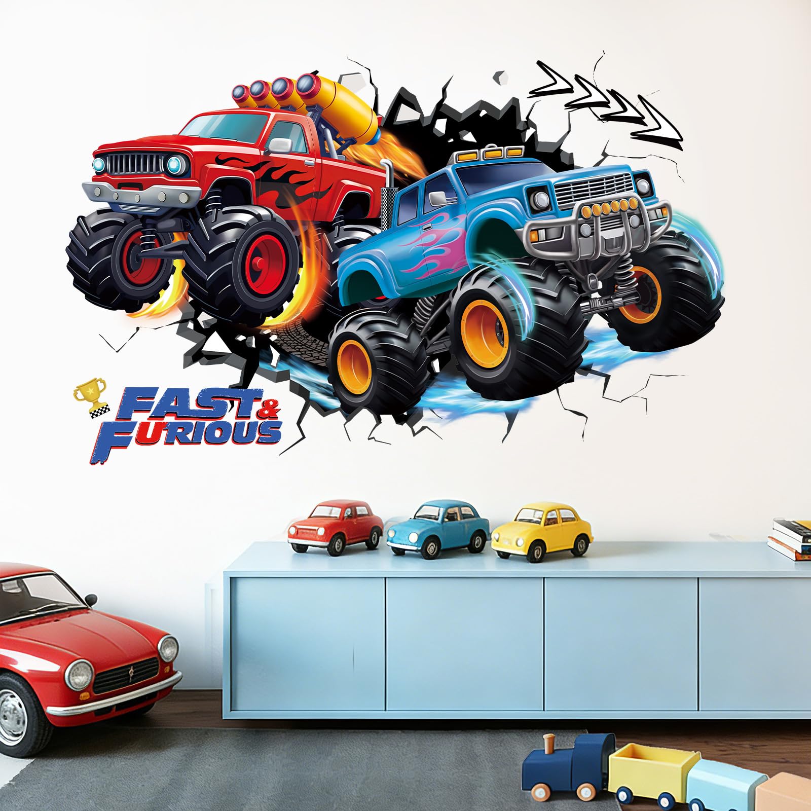 SHUCHING Large 3D Trucks Wall Stickers for Boys, Racing Cars Break Through Wall Decals, Removable Vinyl Decorations for Kids Boys Bedroom Playroom