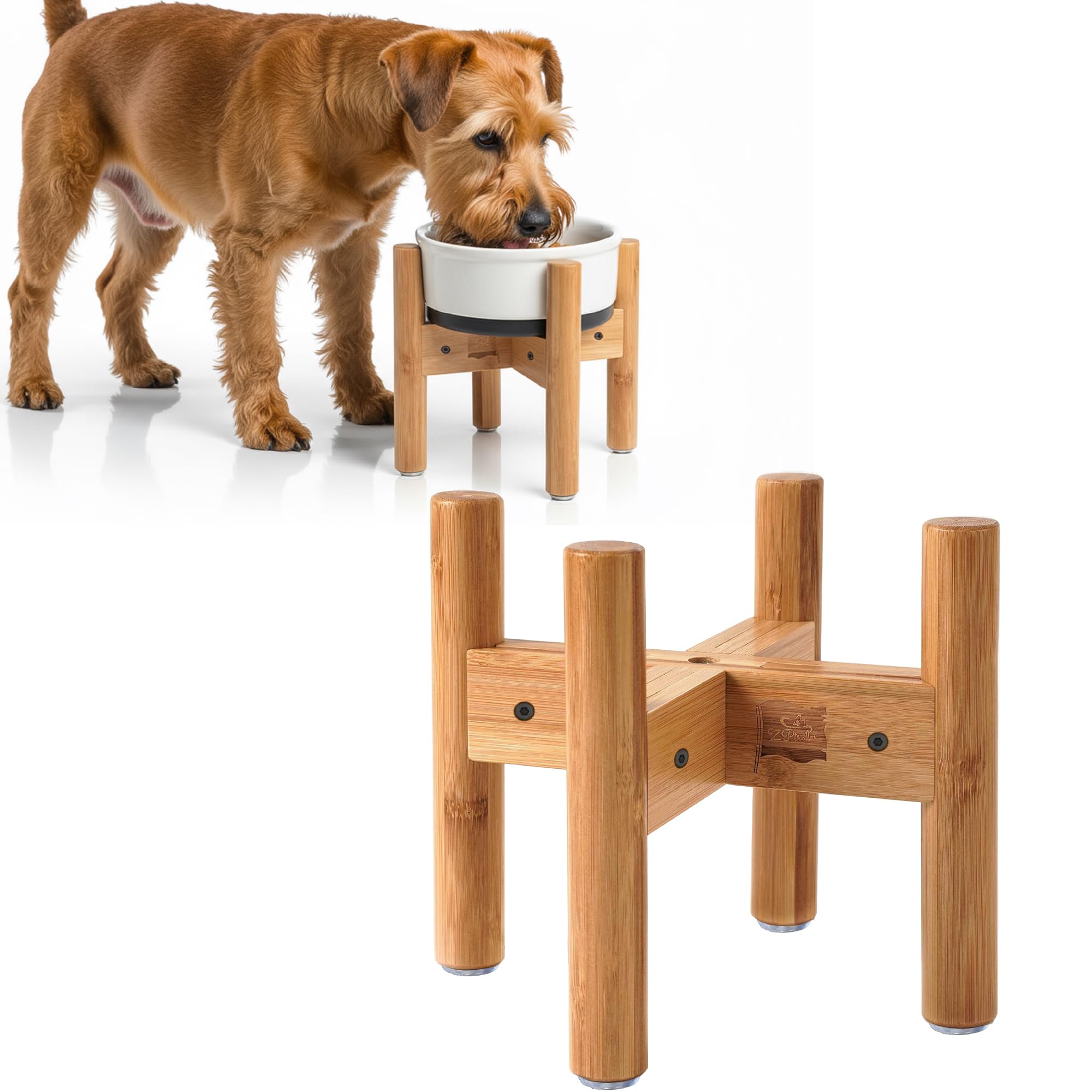 Dog Bowl Stand (9-inch Tall) for Medium Breeds - Use to Raise, Elevate Dog Food/Water Single Bowls and Feeders, Adjustable - Bamboo