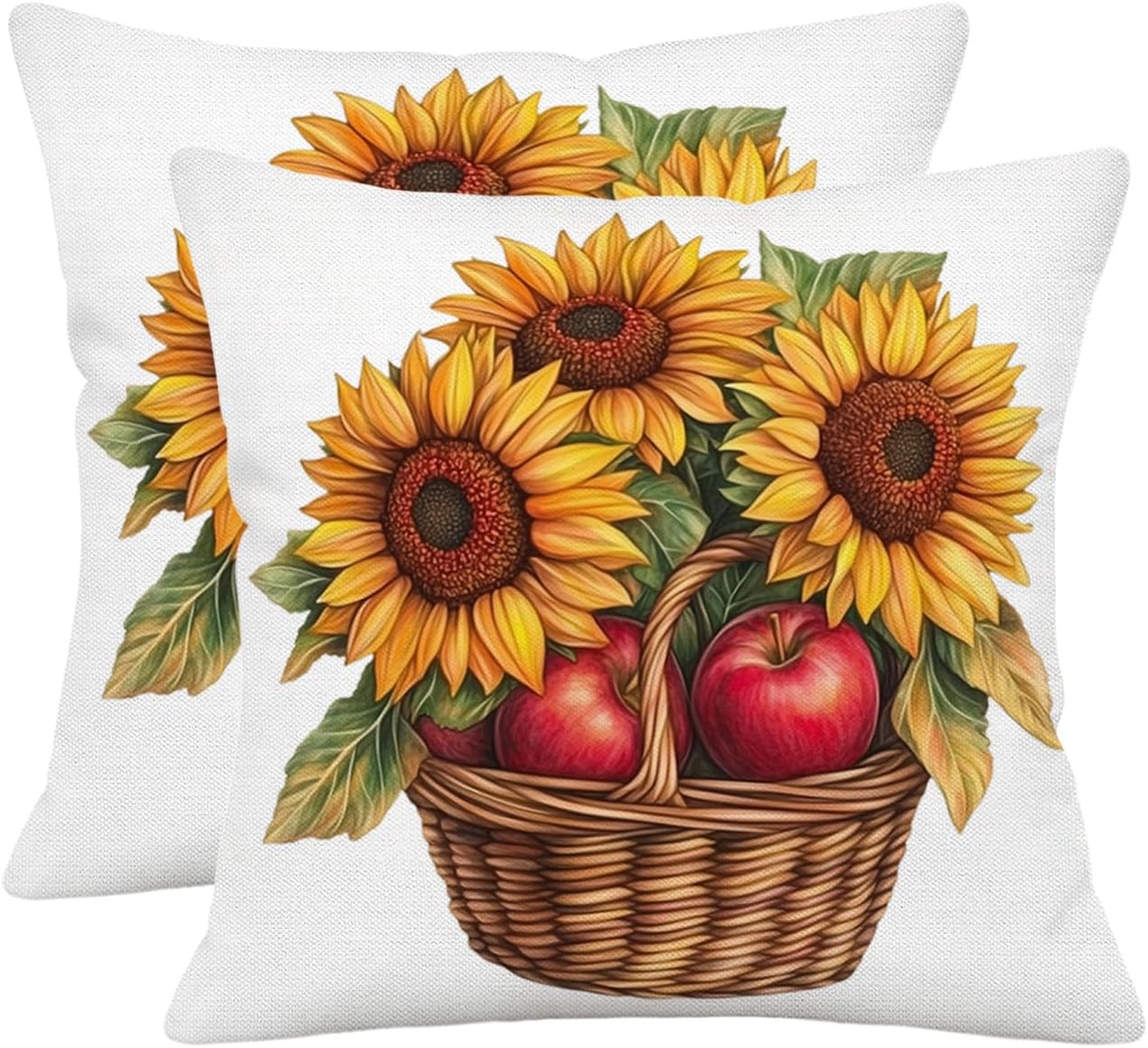 Fall Vibrancy Sunflower Pillow Covers 18x18 Inch Set of 2 Apple Basket Double-Sided Print Throw Pillow Case Autumn Harvest Decorative Cushion Covers for Farmhouse Sofa Couch Porch Decor