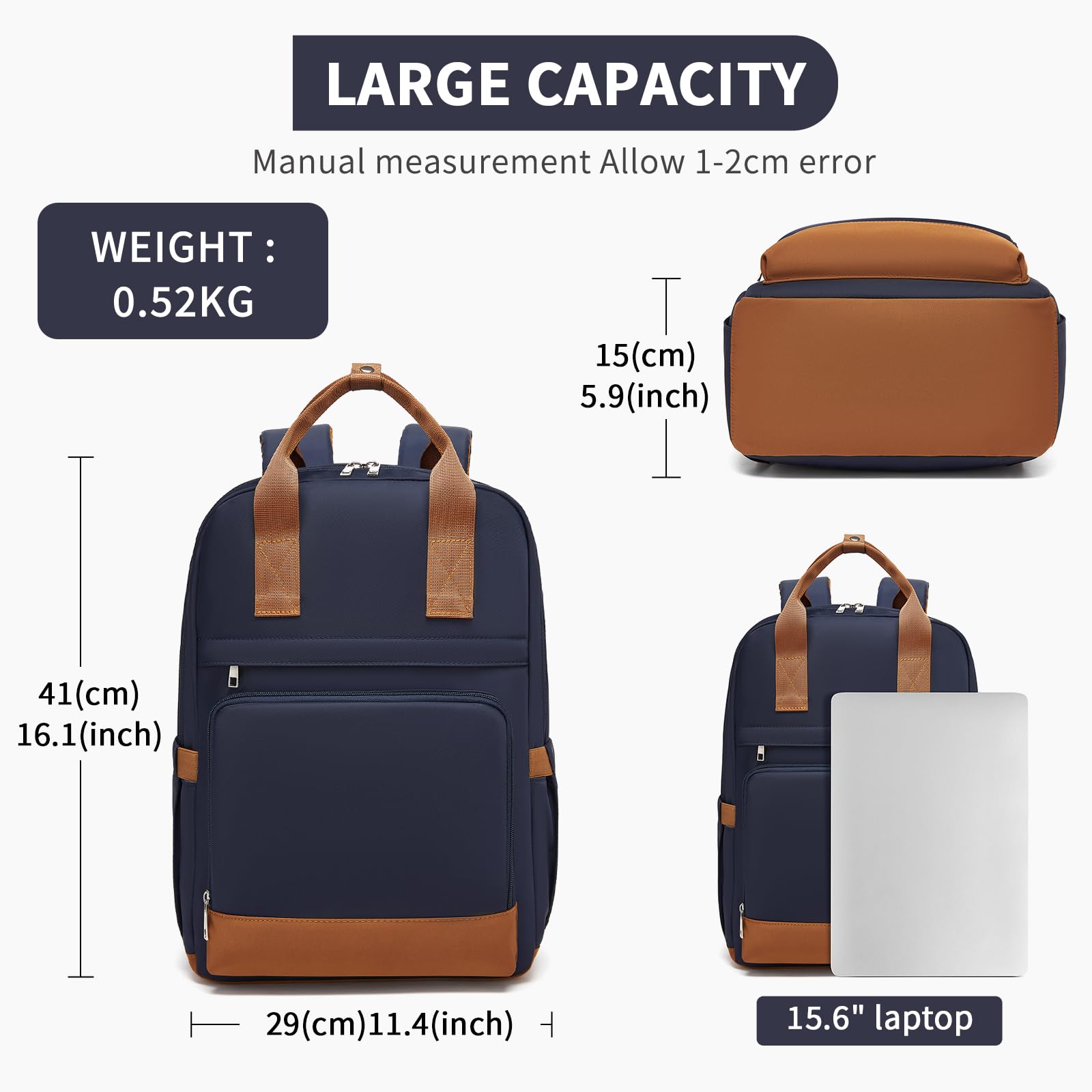 Kono Mochila para Ordenador Portátil 15,6 Pulgadas para Mujer, Elegante, Impermeable y Antirrobo de Gran Capacidad para Escuela, Universidad, Trabajo y Viaje (Azul oscuro/Marrón)