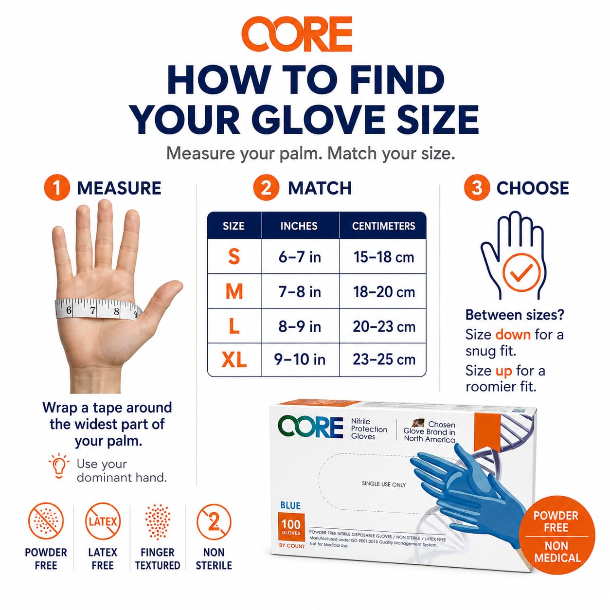 CoreGloves Guantes industriales desechables de nitrilo sin polvo sin látex con mango texturizado