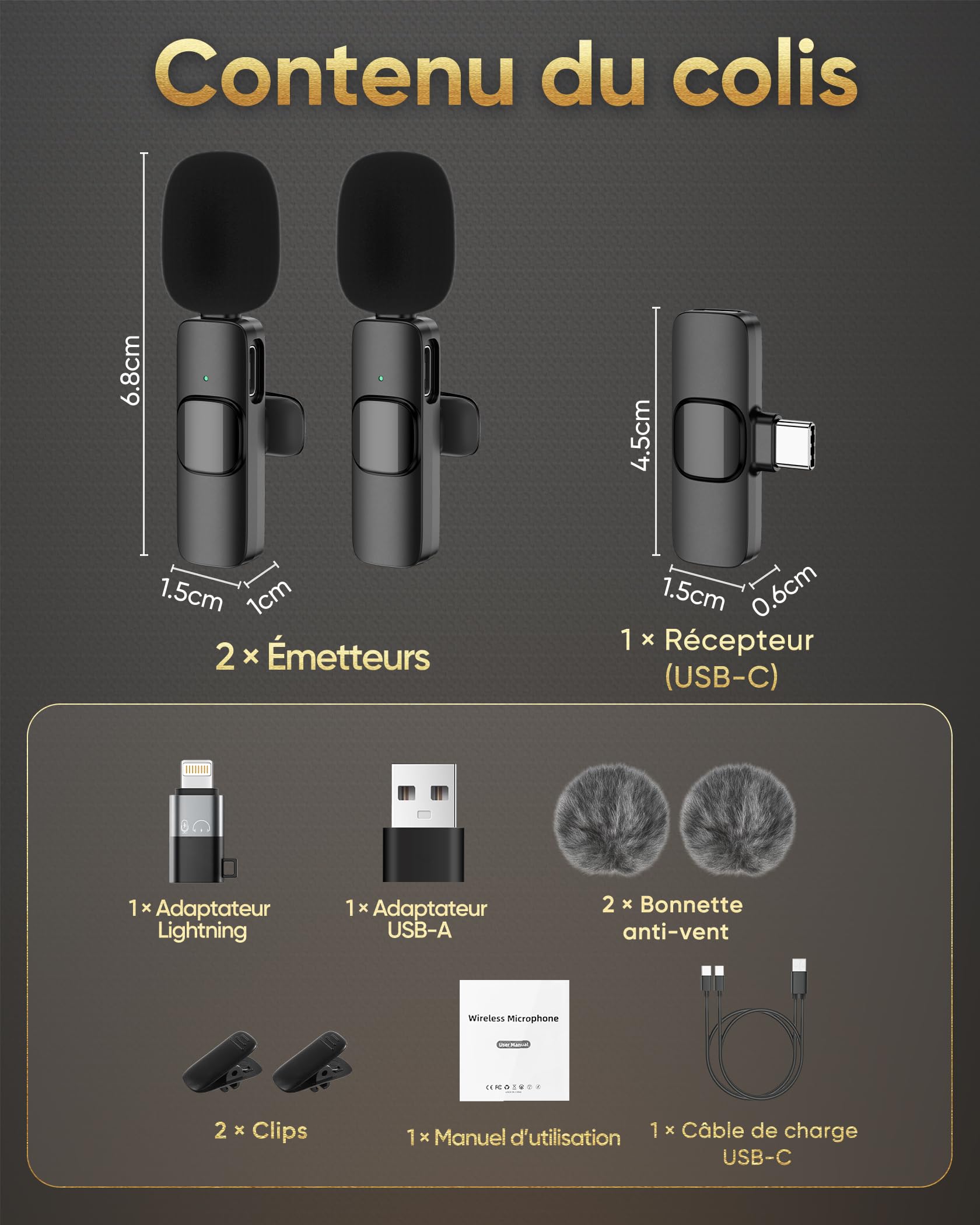 Micro Cravate sans Fil pour iPhone/iPad/Téléphone Android/Ordinateur Portable, IUMAKEVP Plug-Play Microphone à Clipser Revers avec Réduction du Bruit pour Enregistrement Vidéo/Vapeur en Direct(2 Mics)