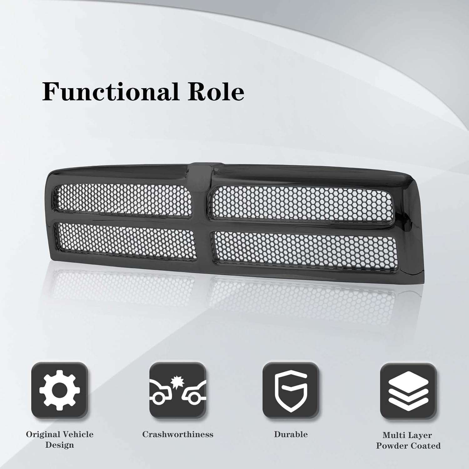 CarPartsDepot Front All Black Grille Assembly Grill Honeycomb Insert Compatible For Dodge Ram 1500 2500 3500 Excluding Sport Package Standard Extended Crew Pickup 1994-2002 Base ST WS Laramie