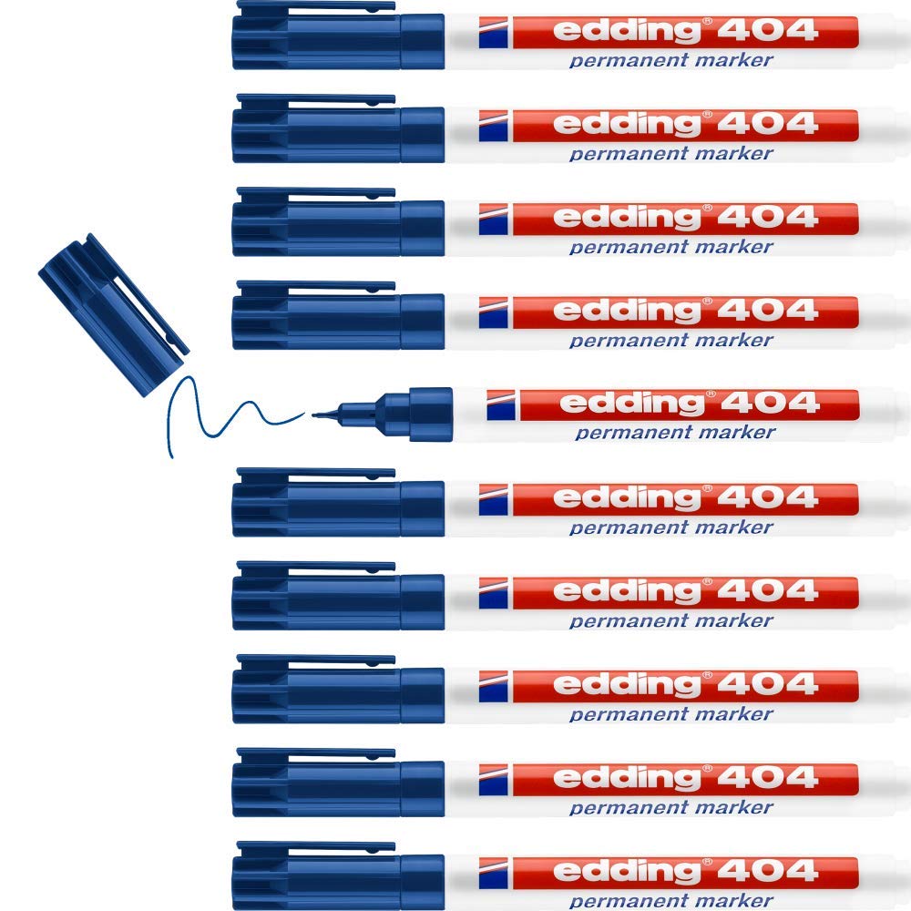 edding 404 Permanent Marker, Blue, 10 Markers, 0.75 mm Fine Point, Waterproof, Quick-Drying, Indelible Markers, for Cardboard, Plastic, Wood, Metal, Glass
