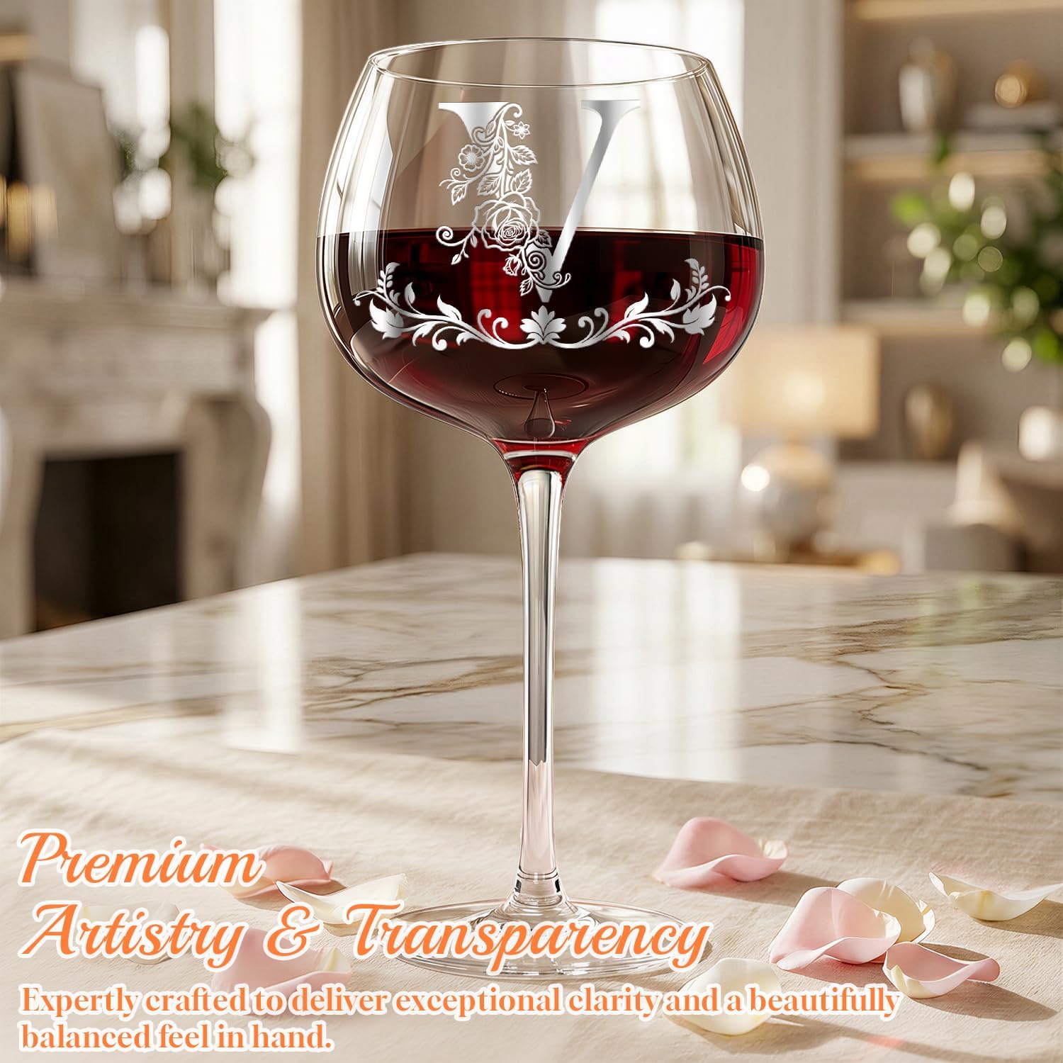 Mothers Day Gift for Mom, Monogrammed A–Z Wine Glass, Personalized Gift for Women, Customized Birthday Gift for Women, Wife, Sister, Friend, Nurse（V Mirror