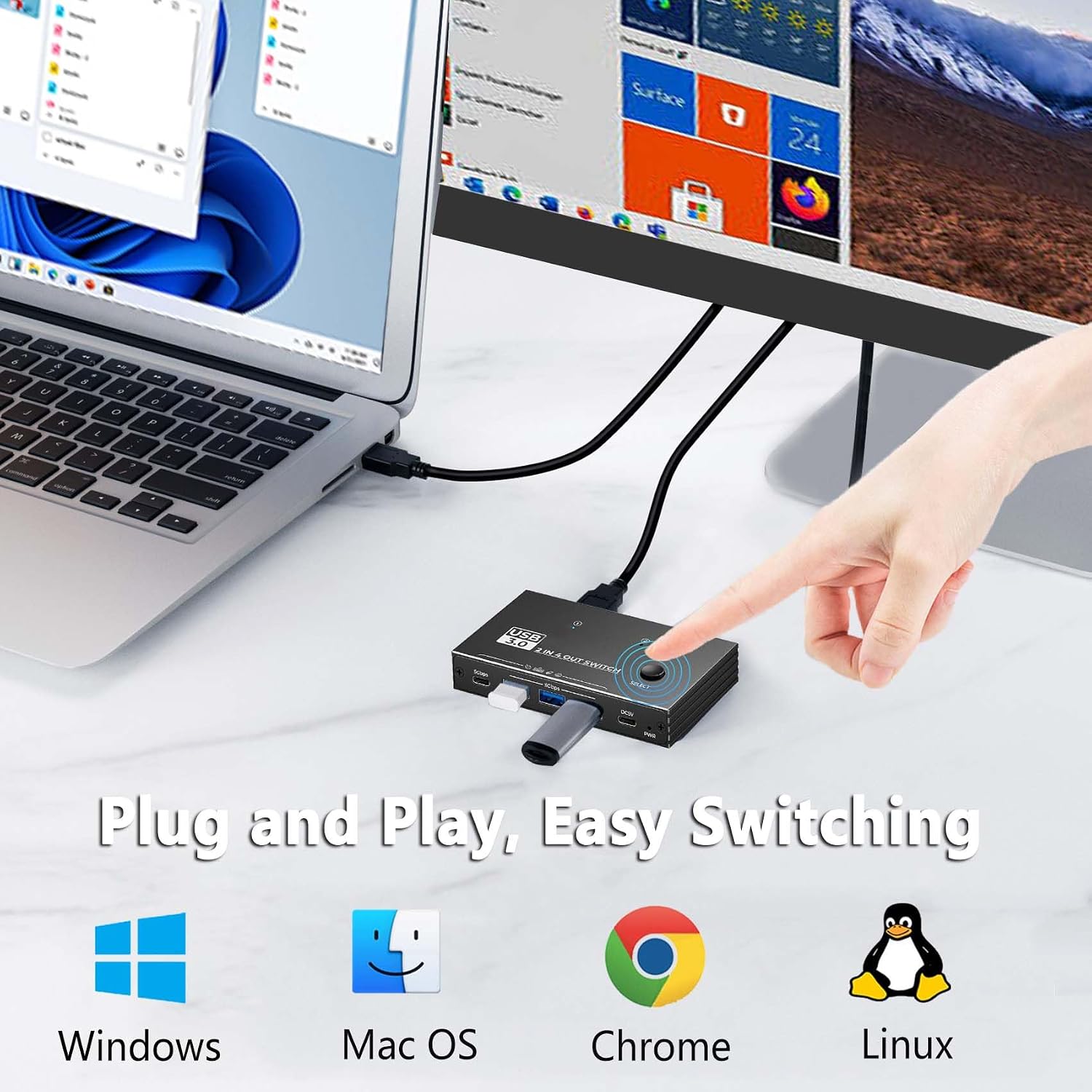 USB 3.0 Switch Selector, USB Switcher 2 Computers Sharing 3X Type A/USB C | USB C Switcher with 3 Cable, Hub PC Mouse Keyboard Hard Drives Printer One Button Switch Adapter with Windows Mac Linux