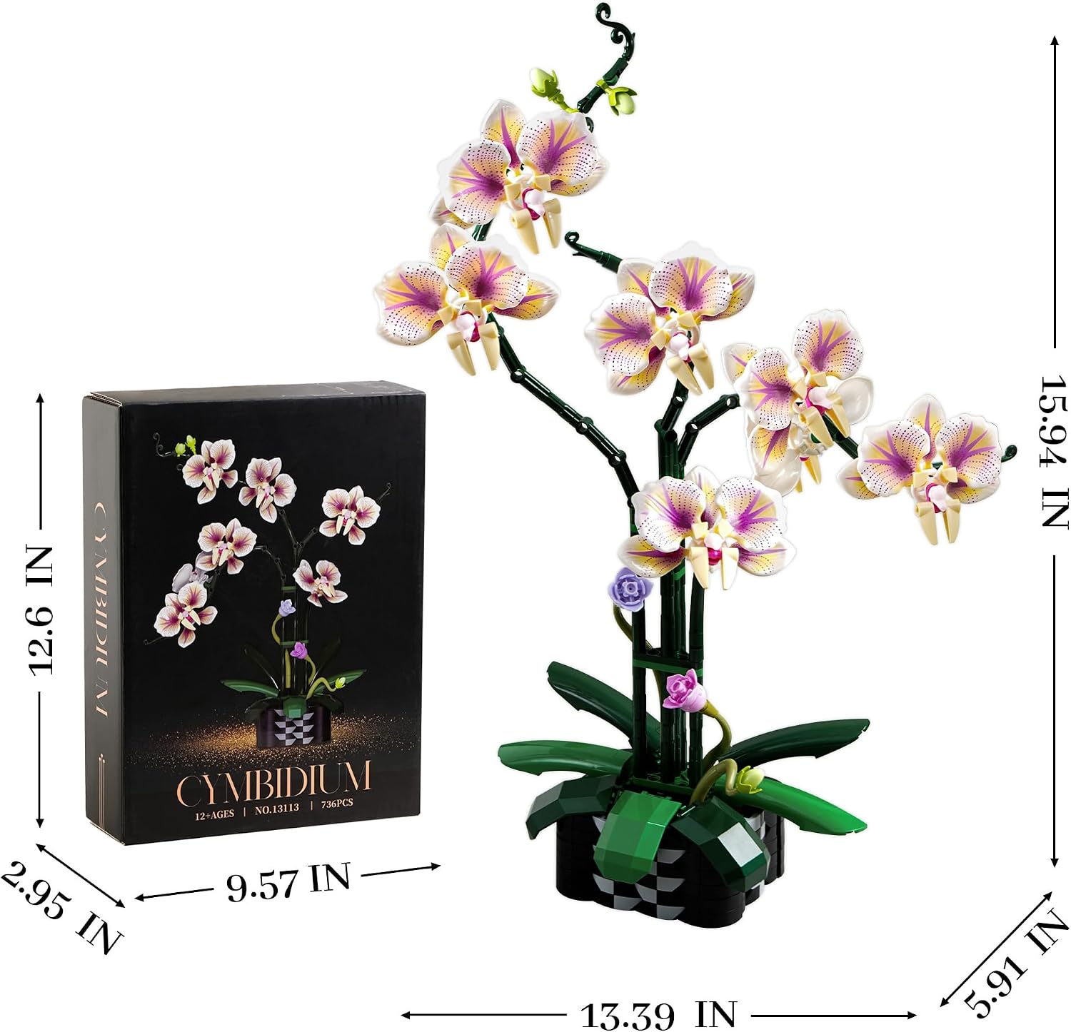 Orchid Flower Building Sets with Vase, Artificial Fake Flowers Building Blocks Toys for Botanical Collection&Indoor Plant Decorations for Table, Desk, Office(736Pcs)
