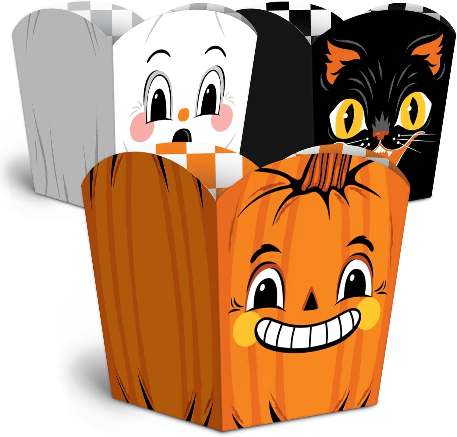 Big Dot of Happiness Vintage Halloween - Treat Boxes, Set of 12 | Small Halloween Party Favor Holders, Cat, Pumpkin and Ghost Retro Decor, Disposable Paper Containers for Desserts or Snacks