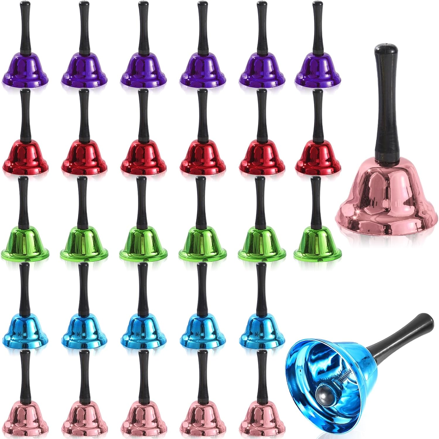 30 Pieces Colorful Metal Hand Bells Set,Kabcifea Small Hand Held Bells Dinner Call Service with Black Wooden Handle Care for School Church Adults Classroom Wedding Decorative