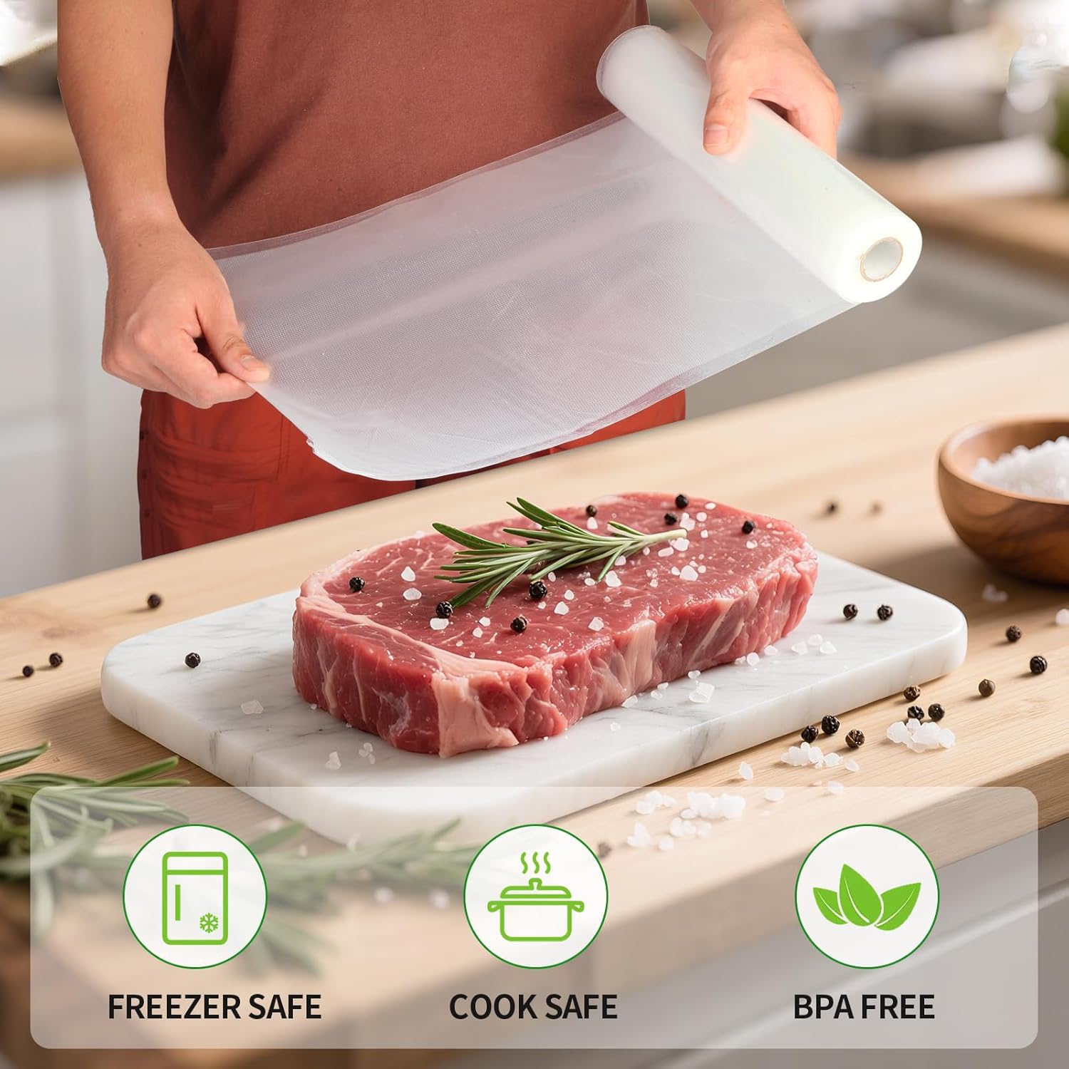 3 Rolls Vacuum Sealer Bags Compatible with Anova & Foodsaver Vacuum Sealer, Commercial Grade Vacuum Sealer Bags (11 in x 16.4 ft) BPA Free Food Vac Bags for Food Storage, Sous Vide - Image 4