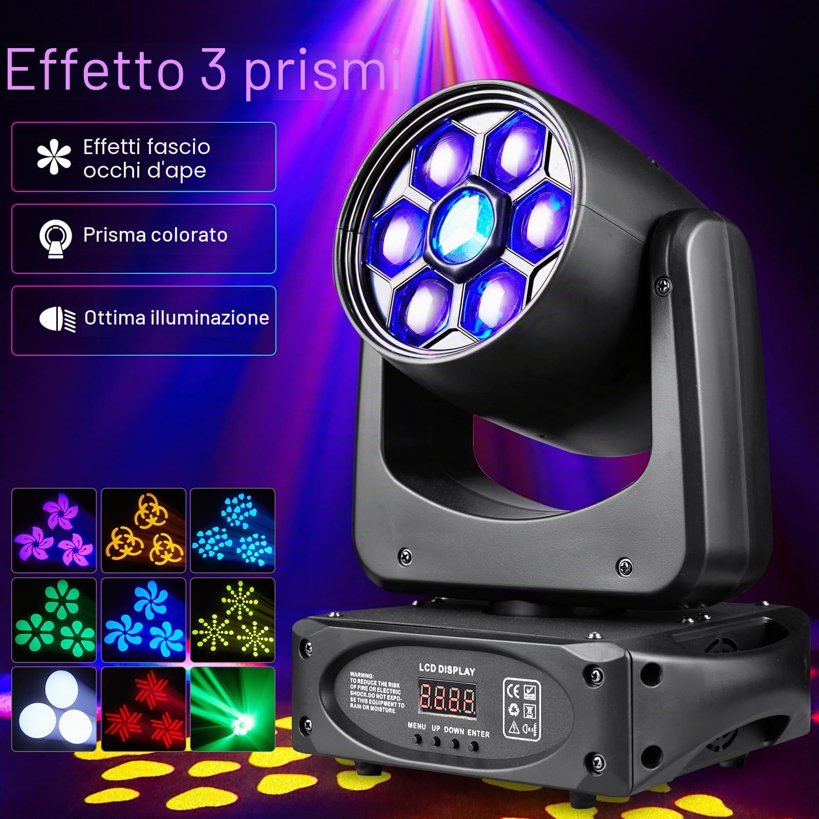2PCS 150W Teste mobili LED RGBW Disco DJ Luci 6 Bee Eye Prisma Effetto Luce con 8 Gobos Illuminazione Palcoscenico per Feste Bar Club Matrimoni Chiesa Live Band