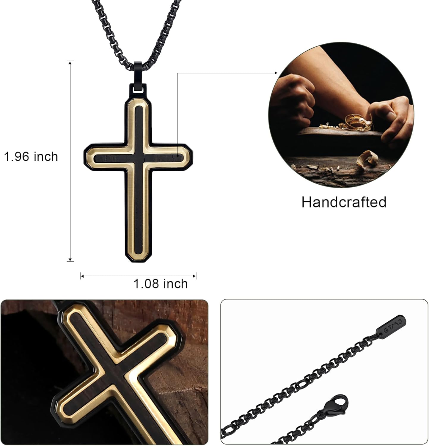 Cross Necklace for Men -Stainless Steel & Wood Adjustable Box Chain 24-26in, Spiritual Jewelry Gift for Him, Everyday Wear - Image 4